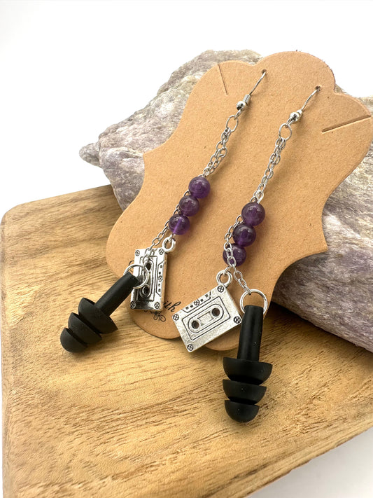 Retro Vibes – Earplug Earrings with Amethyst & Cassette Tape Charm