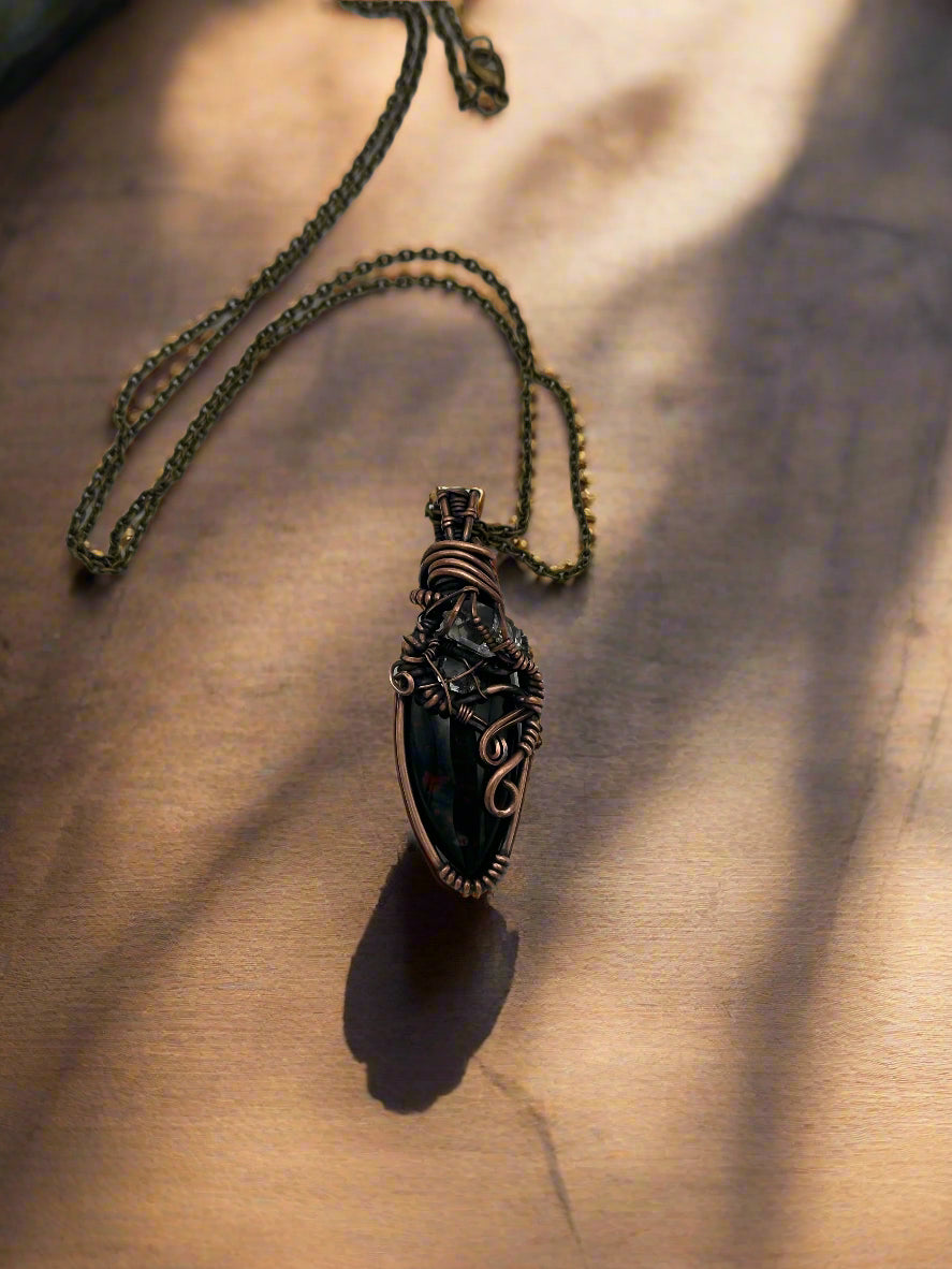 Decorative necklace with a pendant on a light gray background