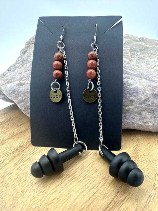 Good Vibes Only – Earplug Earrings with Sunstone & “Luck” Charm