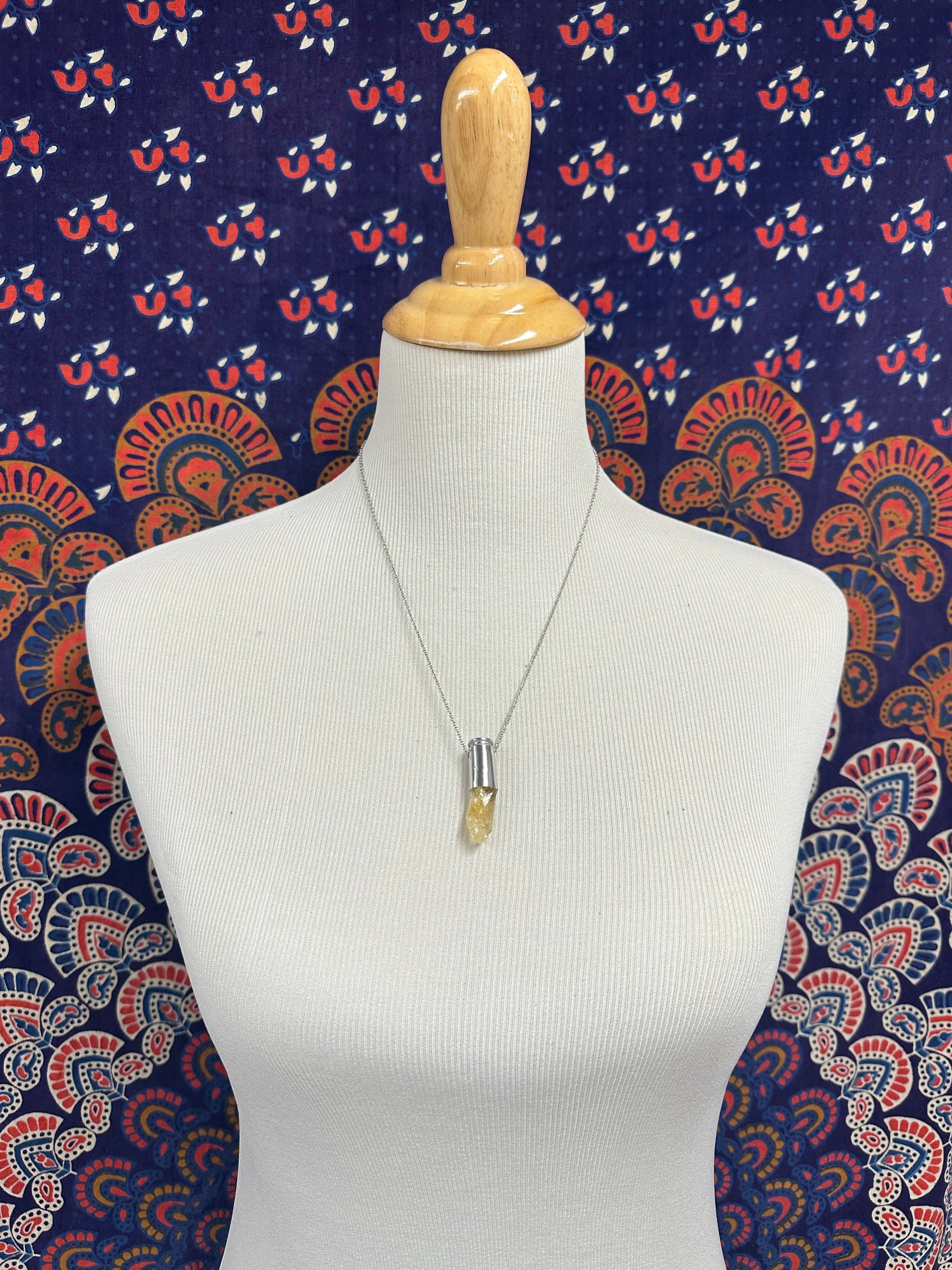 Citrine crystal point set in upcycled 40cal silver bullet casing on 20-inch steel chain, boho statement necklace