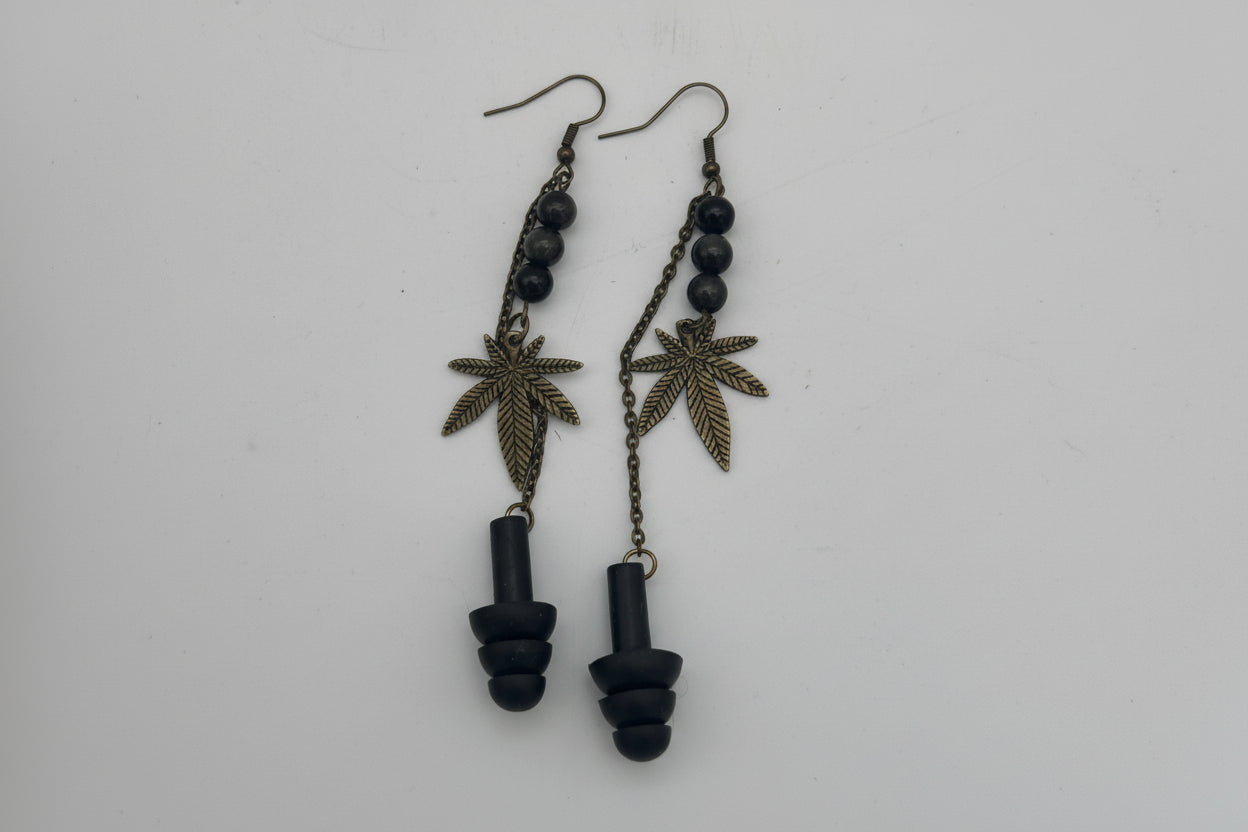 Onyx Cannabis Leaf Earplug Earrings