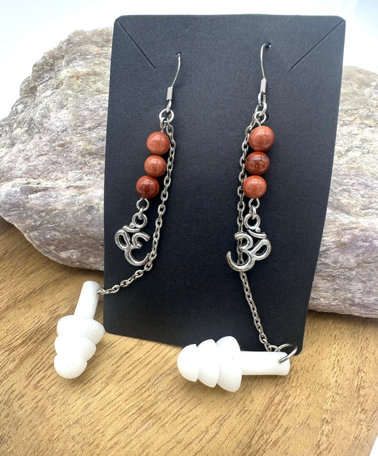 Peace & Protection – Earplug Earrings with Sunstone & Ohm Charm