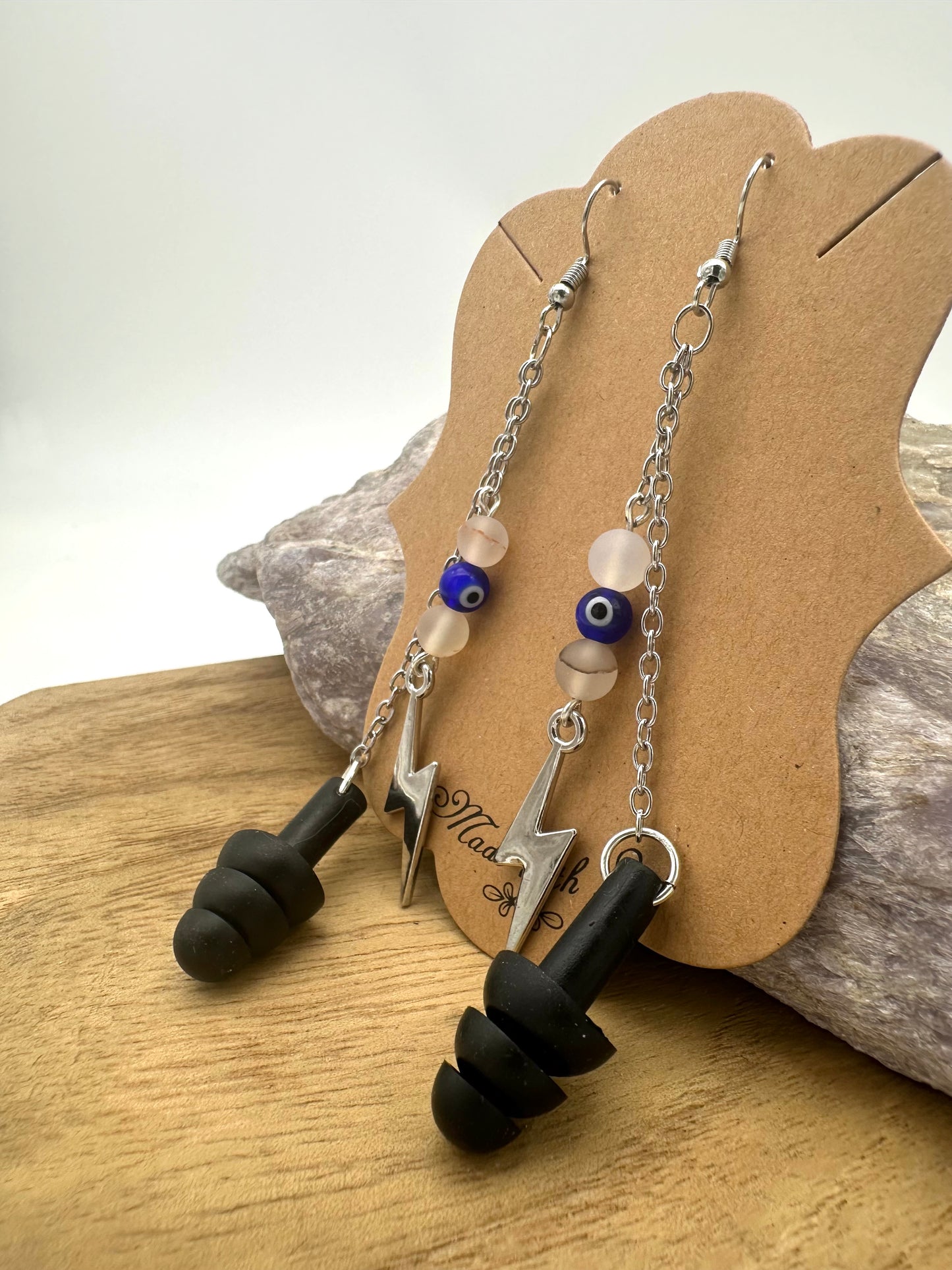 Earplug Earrings – Handmade Dangle Earrings with Agate, Evil Eye Beads & Lightning Bolt Charm