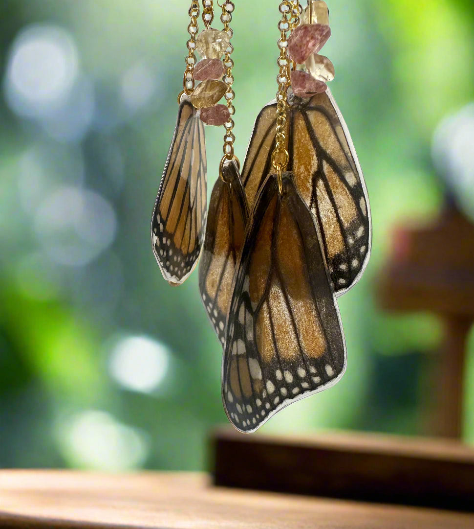 Lightweight Monarch butterfly wing earrings with ethically sourced wings and heart-healing Strawberry Quartz, worn with gold-tone brass chain.