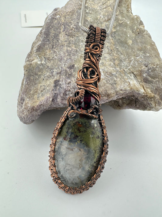 Garnet and Dendritic Agate Rare Gemstone Wirewrapped Pendant