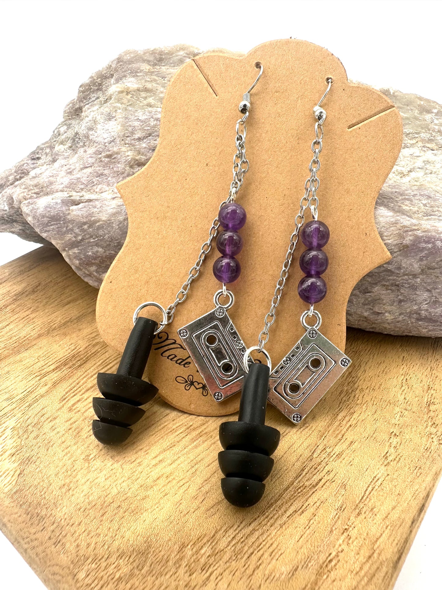 Retro Vibes – Earplug Earrings with Amethyst & Cassette Tape Charm