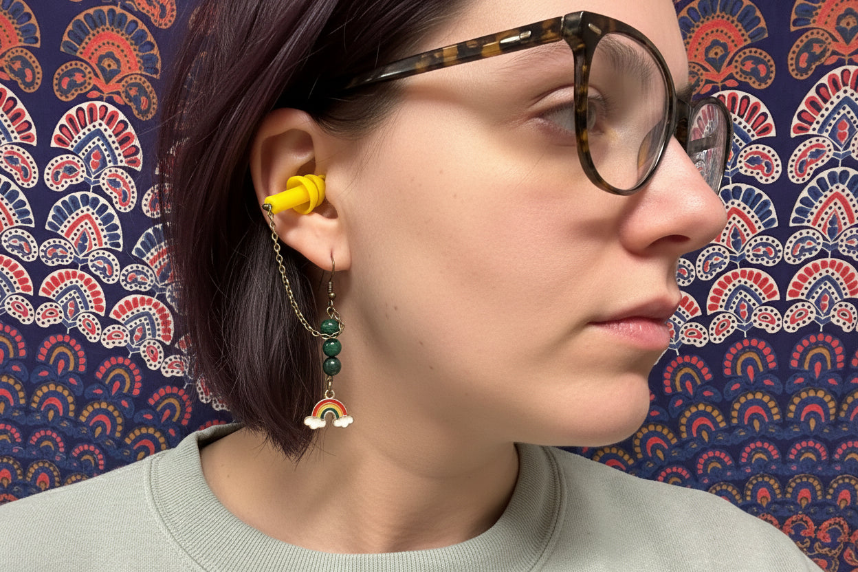 Close-up of an ear with colorful earrings against a patterned fabric background