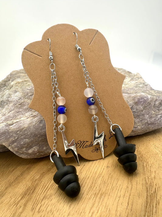 Earplug Earrings – Handmade Dangle Earrings with Agate, Evil Eye Beads & Lightning Bolt Charm