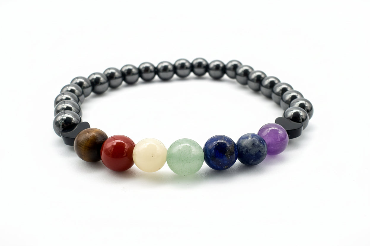 Multicolored beaded bracelet on a white background