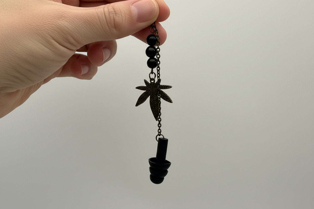 Hand holding a black leaf-shaped earring with a plain background