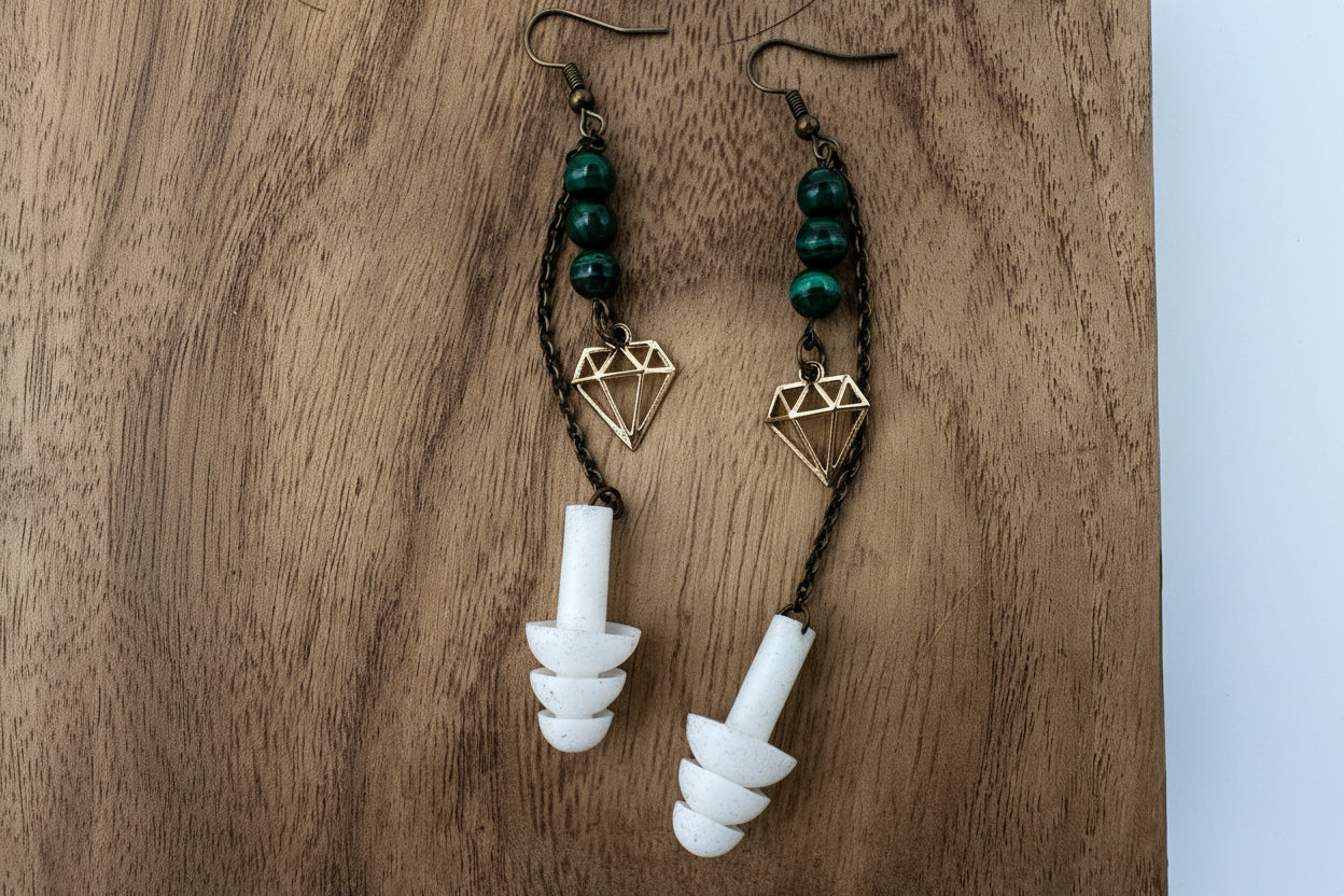 White Earplug Earrings with Malachite | Concert Jewelry