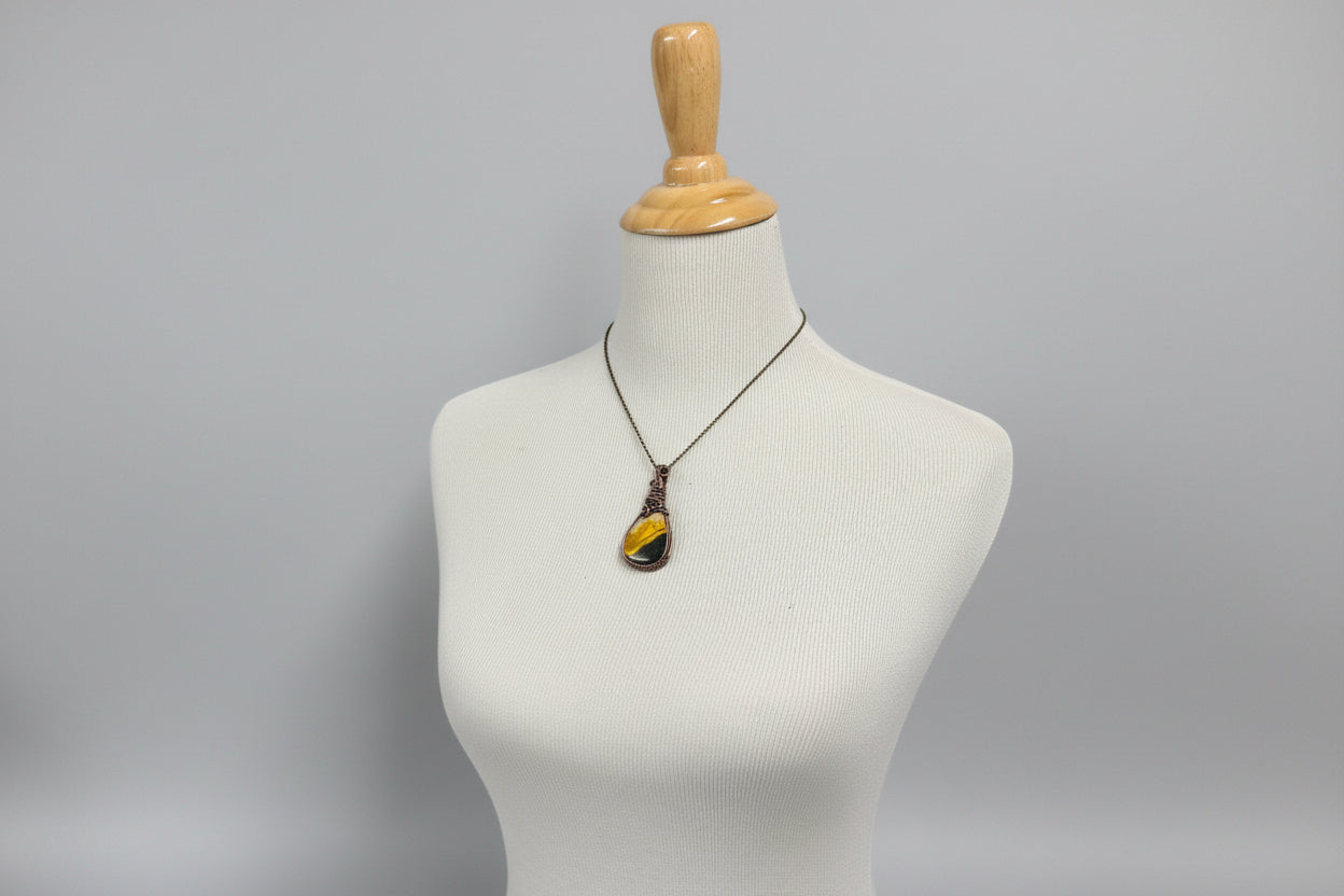 Handmade bumblebee jasper necklace wrapped in warm copper wire