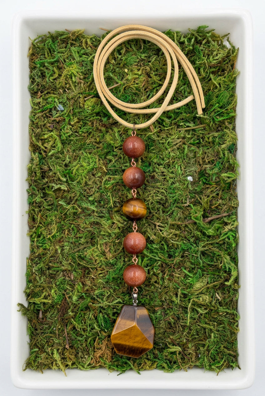 a beaded strand of tigers eye and sunstone for car charm decor, rearview hanging charm