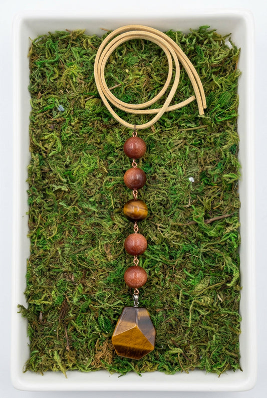 a beaded strand of tigers eye and sunstone for car charm decor, rearview hanging charm