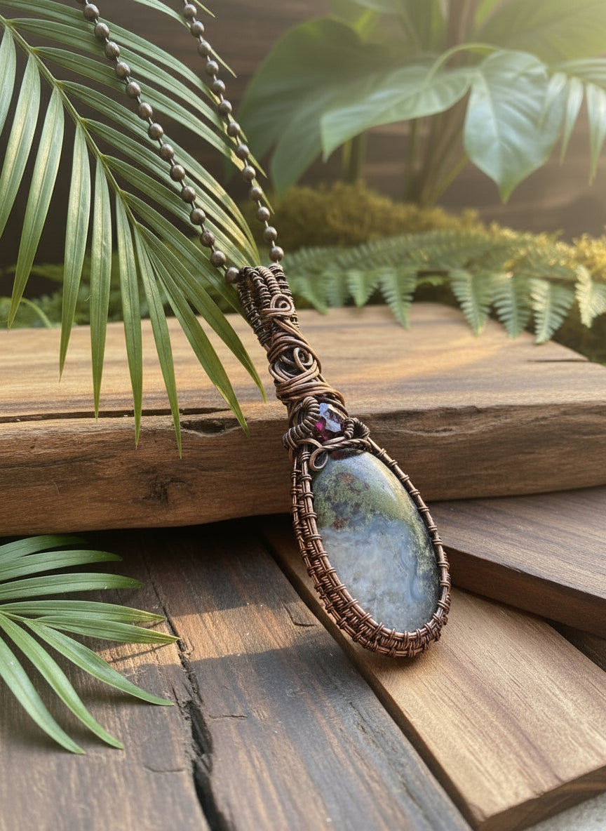 Close-up of handcrafted copper wire wrap featuring dendritic agate and garnet gemston