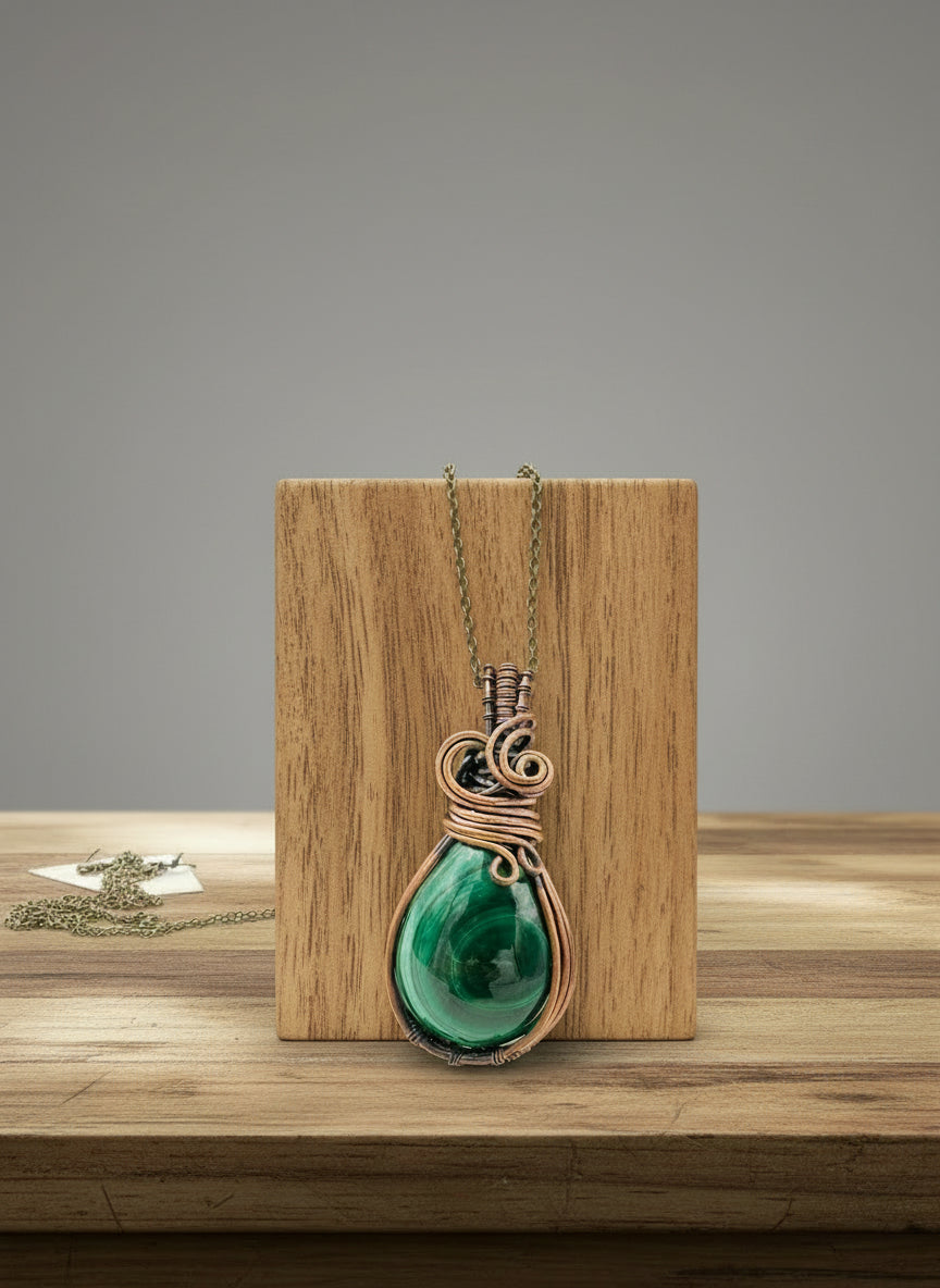 Front view of handcrafted copper wrapped malachite pendant on long brass chain